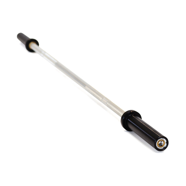 The Bells of Steel Aluminum Technique Barbell features a sleek design with black rotating sleeves on both ends, perfect for barbell lifts and weightlifting exercises. Positioned diagonally on a plain white background, its elegant metal finish stands out.