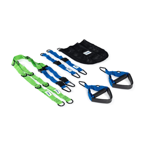The Human Trainer Bodyweight Suspension System by Bells of Steel USA, featuring a dual-anchor system with handles and metal rings for versatile workouts, is displayed next to a black mesh storage bag on a white background.