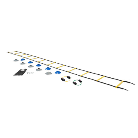 The Bells of Steel USA Agility Ladder and Leg Cord Bundle features a yellow and black resisted speed ladder, blue and gray cones, sturdy metal stakes, a convenient black carrying bag, and two adjustable resistance bands. All components are displayed in an organized layout on a white background, making this comprehensive speed and agility kit ideal for improving footwork and overall athletic performance.