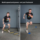 A man in athletic gear performs agility training drills with the Bells of Steel USA Agility Ladder and Leg Cord Bundle; on the left, he uses the bundle’s speed ladder, and on the right, he runs between blue cones with the resistance band around his legs. Text above reads, “Build speed and power, not just footwork.”.
