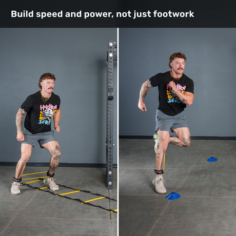 A man in athletic gear performs agility training drills with the Bells of Steel USA Agility Ladder and Leg Cord Bundle; on the left, he uses the bundle’s speed ladder, and on the right, he runs between blue cones with the resistance band around his legs. Text above reads, “Build speed and power, not just footwork.”.