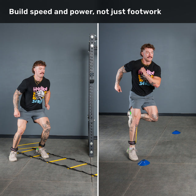 A man in athletic gear performs agility training drills with the Bells of Steel USA Agility Ladder and Leg Cord Bundle; on the left, he uses the bundle’s speed ladder, and on the right, he runs between blue cones with the resistance band around his legs. Text above reads, “Build speed and power, not just footwork.”.