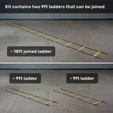 Two images display the Bells of Steel USA Agility Ladder and Leg Cord Bundle. Top: an 18ft ladder created by connecting two separate 9ft agility ladders, perfect for advanced speed and agility drills. Bottom: both 9ft ladders shown individually, each labeled to emphasize their distinct lengths. Text details the versatile components included in this comprehensive agility training kit.