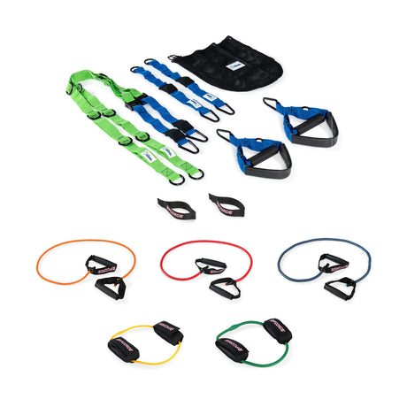 The Human Trainer Bodyweight Suspension System by Bells of Steel USA, featuring resistance bands, handles, ankle straps, and adjustable straps in a variety of colors, is neatly arranged on a white background.