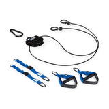 The Bells of Steel USA Rotational Pulley kit includes a black carabiner, black cable, two blue and black adjustable straps, and two blue foot or hand loops—all showcased on a white background—making it an excellent addition to your bodyweight workout.