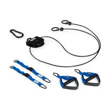 The Bells of Steel USA Rotational Pulley kit includes a black carabiner, black cable, two blue and black adjustable straps, and two blue foot or hand loops—all showcased on a white background—making it an excellent addition to your bodyweight workout.