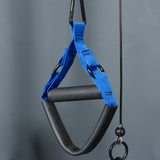 A close-up of the Bells of Steel USA Rotational Pulley’s blue and black handle with a textured grip, designed for pulley kit setups or bodyweight workouts, hanging against a plain gray background.