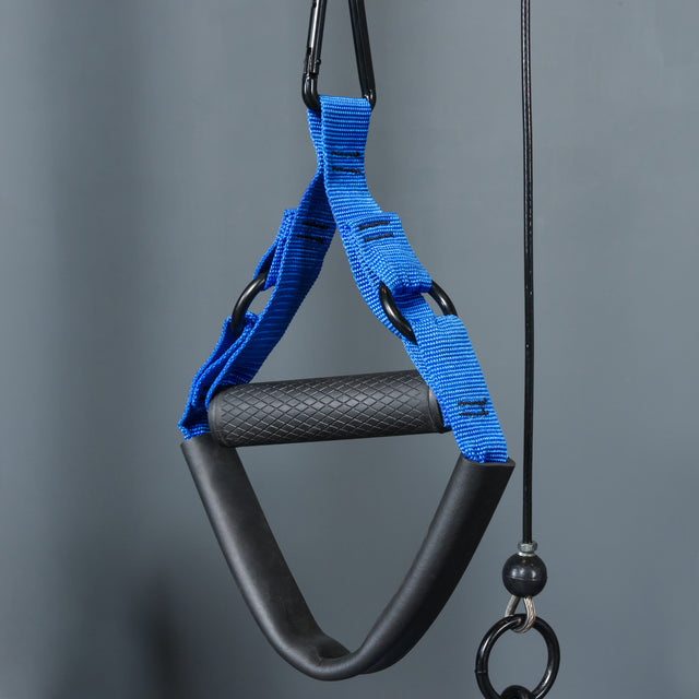 A close-up of the Bells of Steel USA Rotational Pulley’s blue and black handle with a textured grip, designed for pulley kit setups or bodyweight workouts, hanging against a plain gray background.