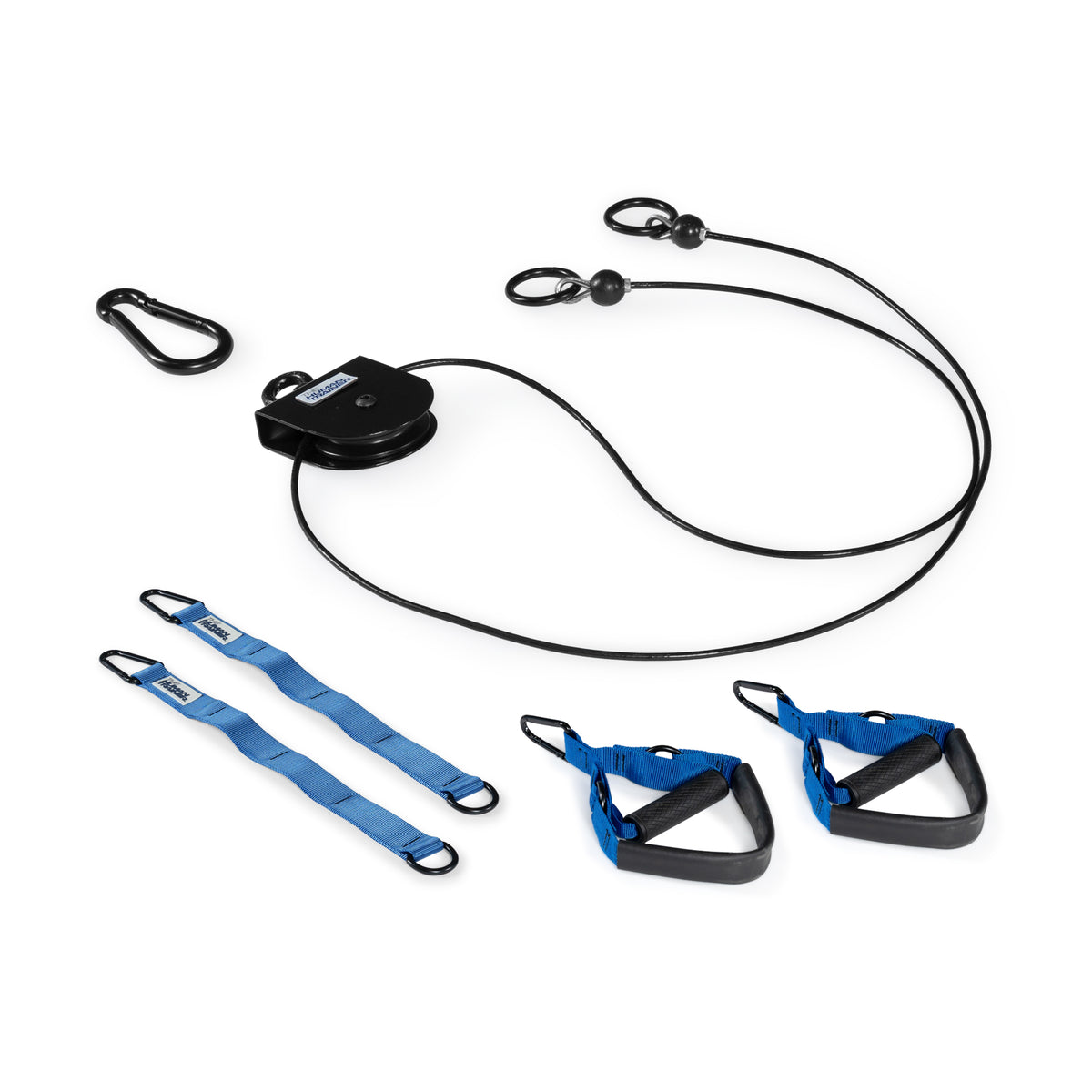 Bells of Steel USA Rotational Pulley featuring two blue nylon straps, two handles, and a carabiner on a white background.