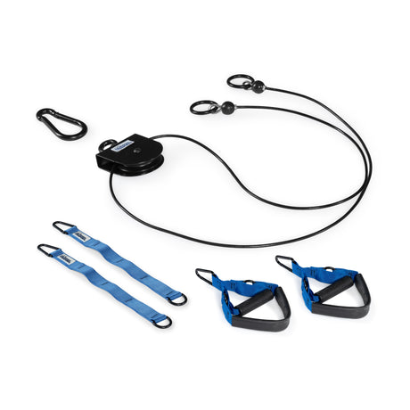 Bells of Steel USA Rotational Pulley featuring two blue nylon straps, two handles, and a carabiner on a white background.