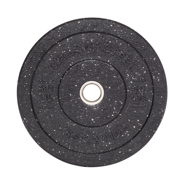 The Bells of Steel Crumb Bumper Plates feature a black speckled design with a metal center, labeled with "EST. 2010", ideal for enhancing your lifting sessions.