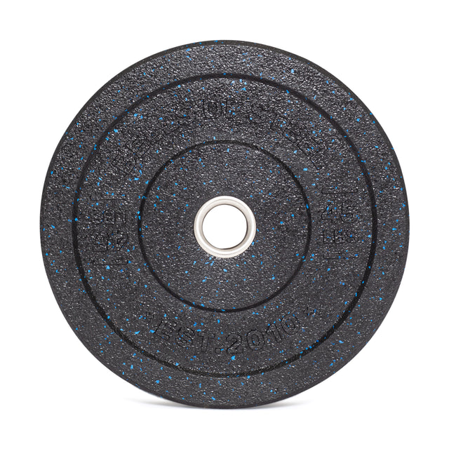 The Bells of Steel Crumb Bumper Plates, featuring a textured black surface with blue speckles and a metal center ring, are ideal for elevating your strength training and weightlifting sessions.