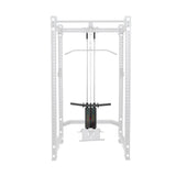 The white Hydra/Manticore Lat Pulldown Kit by Bells of Steel USA upgrades to a selectorized system with weight stack, cable setup, top wide grip bar, and bottom seated row handle. The sturdy frame has evenly spaced holes for easy adjustments.