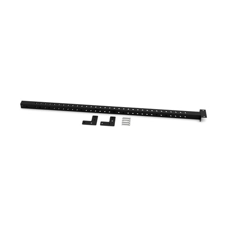 The Bells of Steel Back Upright Attachment for Cable Tower includes a black metal bar with spaced holes, two black L-shaped brackets, and four silver bolts—ideal for customizing your setup. Shown on a white background.