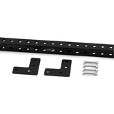 The Bells of Steel Back Upright Attachment for Cable Tower includes a black metal bar with multiple holes, two black L-shaped brackets, and four sets of bolts and nuts—perfect for upgrading your Plate Loaded Cable Tower.