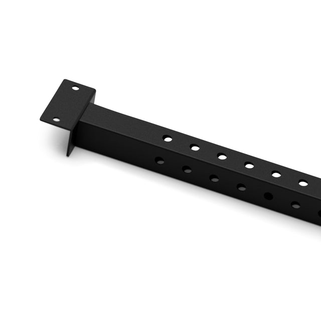 The Bells of Steel Back Upright Attachment for Cable Tower is a black metal rectangular bar with multiple evenly spaced holes and a flat mounting plate at one end, shown on a white background.