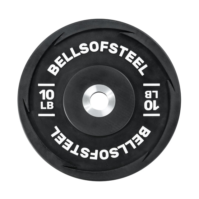 A 10 LB black urethane bumper plate from Bells of Steel, with the brand name inscribed in white, features a silver center hole for Olympic weightlifting barbells.