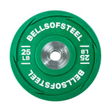 A 25-pound green Urethane Bumper Plate featuring "Bells of Steel" in white, designed for Olympic weightlifting with a metallic center for durability and precision.