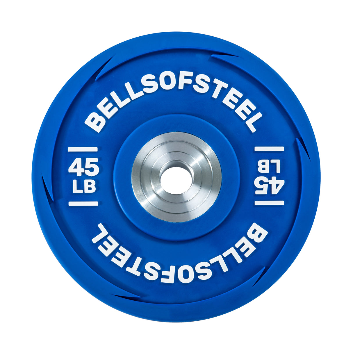 A 45 lb blue urethane bumper plate from Bells of Steel, perfect for Olympic weightlifting and enhancing your training sessions. It features white text and a metallic center.