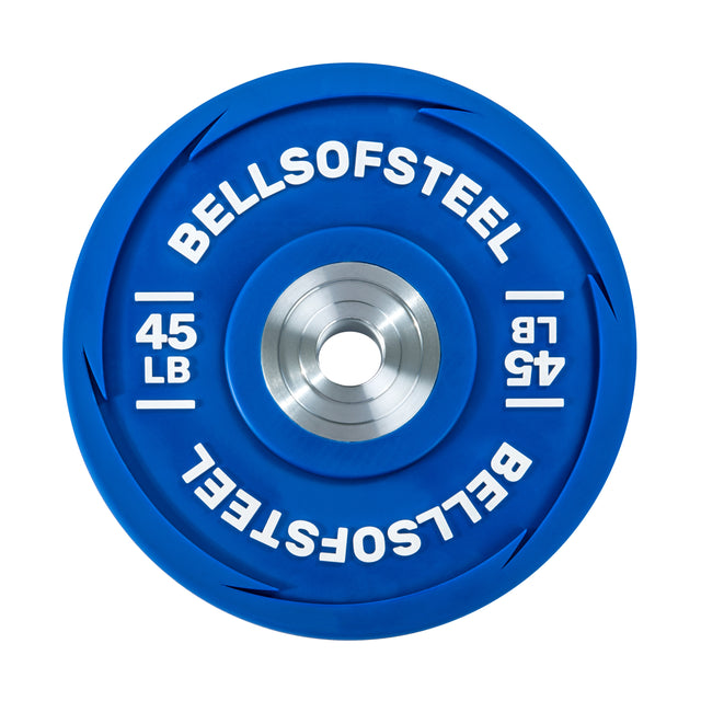 A 45 lb blue urethane bumper plate from Bells of Steel, perfect for Olympic weightlifting and enhancing your training sessions. It features white text and a metallic center.