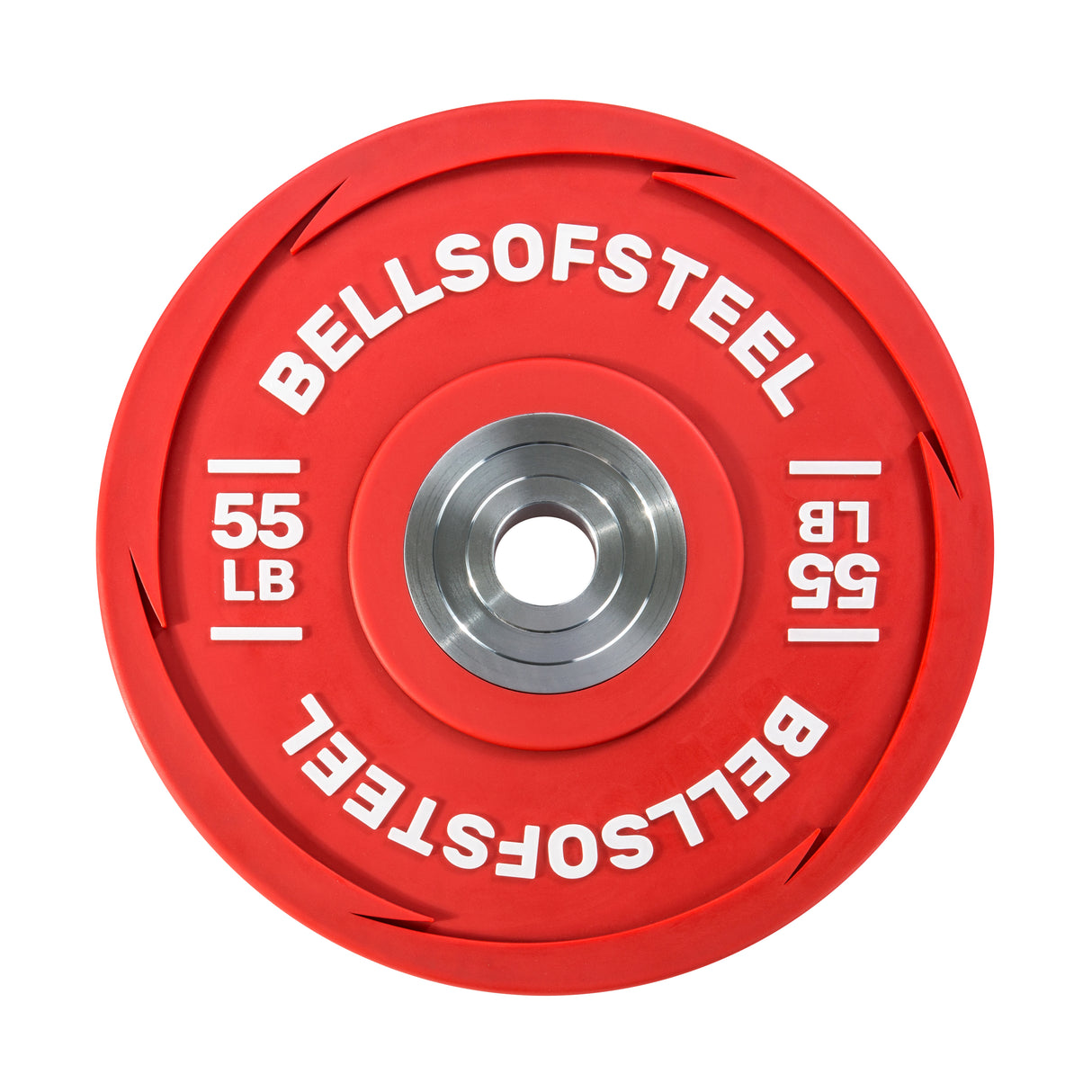 The Bells of Steel Urethane Bumper Plates are red with "BELLSOFSTEEL" and "55 LB" written in white. Designed for Olympic weightlifting, they feature a central metal hub and smaller metric markings, making them ideal for any fitness routine.