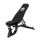 The Bells of Steel Adjustable Utility Bench, in sleek black, offers multiple incline angles, a padded seat, and a logo-embellished backrest. Its sturdy metal frame supports intense workouts with a max capacity, all showcased on a crisp white background.