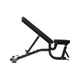 Side view of the Bells of Steel Adjustable Utility Bench in black, featuring a padded backrest and seat at an incline. Its sturdy frame offers multiple incline angles and includes small wheels for easy mobility. Perfect for versatile workouts, supporting a high max capacity.