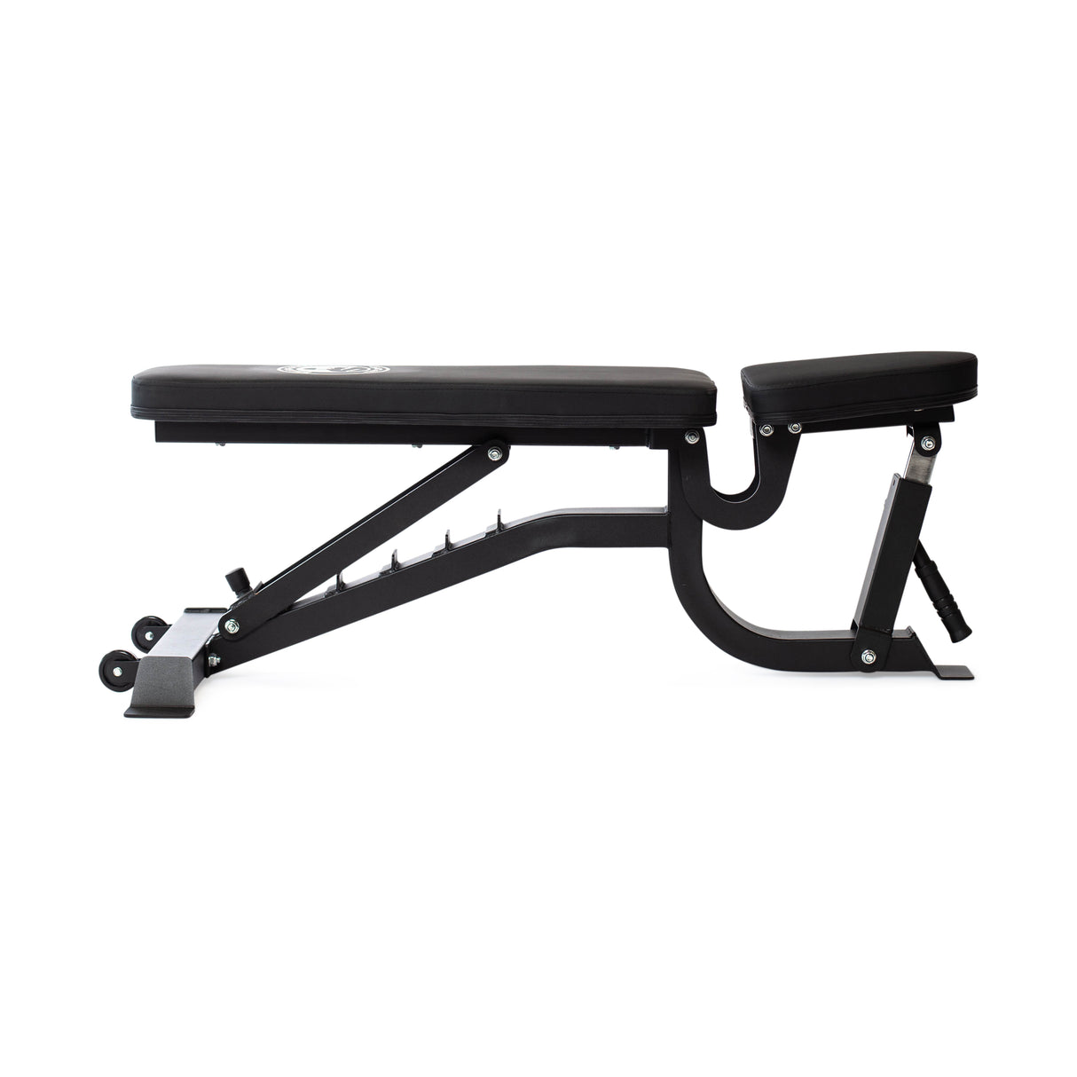 The Bells of Steel Adjustable Utility Bench features a sturdy metal frame with black cushioning, shown against a white background in side profile. It offers various incline angles for diverse exercises and has a robust adjustable mechanism for versatile support and maximum capacity usage.