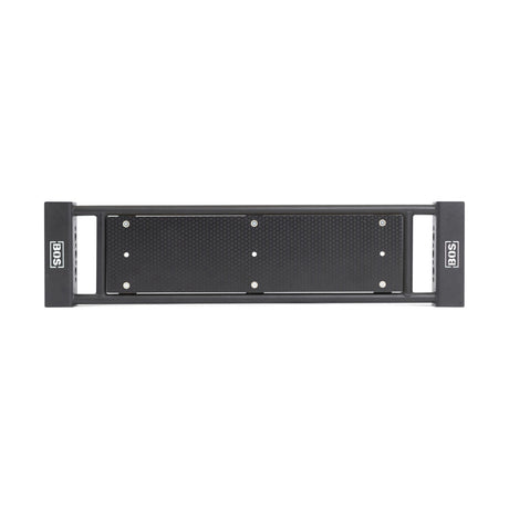 The Bells of Steel Utility Seat for Hydra/Manticore is a black metal step with a textured surface and side brackets, labeled "SGS" on both ends, ideal for 3x3 racks and shown from above against a white background.