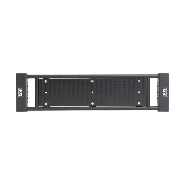 Rectangular black metal Utility Seat for Hydra/Manticore by Bells of Steel, shown from above on a white background. Its perforated surface is ideal for mounting, similar in function to a 3"x3" rack or adjustable bench.