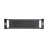The Bells of Steel Utility Seat for Hydra/Manticore is a black metal rack mount shelf with two rectangular panels and four mounting holes, designed for a 3"x3" rack and shown front-facing against a white background.