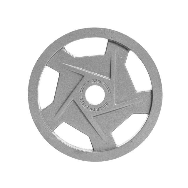 The Gray Mighty Grip Olympic Weight Plates by Bells of Steel are gray cast iron with star-shaped cutouts and precision grip handles. Engraved with "35 LB," they offer an ergonomic design ideal for Olympic weight plate enthusiasts.