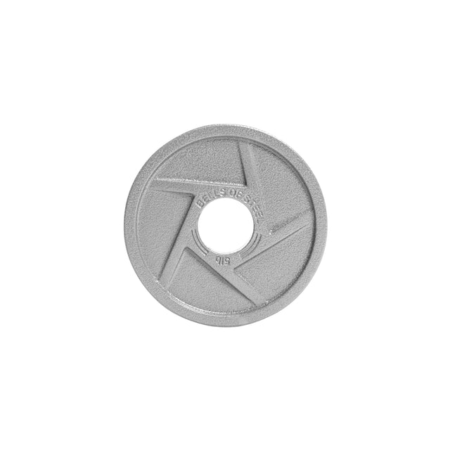 The Bells of Steel Gray Mighty Grip Olympic Weight Plate is circular with a central hole, features a star-like design and precision grip handles, and is shown against a plain white background.