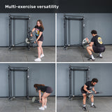 Four photos show a woman and man demonstrating exercises with the Bells of Steel Viking Press Attachment and Olympic bar in a squat rack, showcasing its multi-exercise versatility. Text at top reads "Multi-exercise versatility.