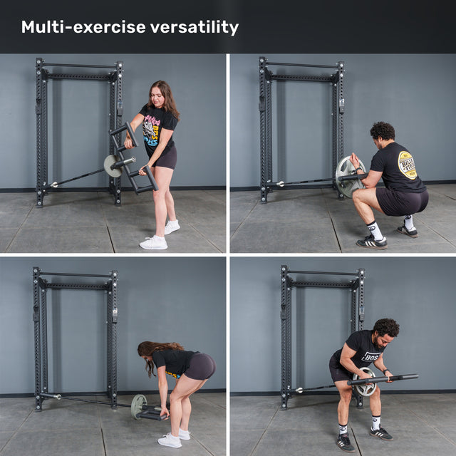 Four photos show a woman and man demonstrating exercises with the Bells of Steel Viking Press Attachment and Olympic bar in a squat rack, showcasing its multi-exercise versatility. Text at top reads "Multi-exercise versatility.