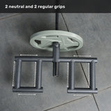 Overhead view of the Bells of Steel Viking Press Attachment for Olympic bars, showing two neutral and two regular grips—each outlined with dashed lines—attached to a weight plate. Text above reads: "2 neutral and 2 regular grips.