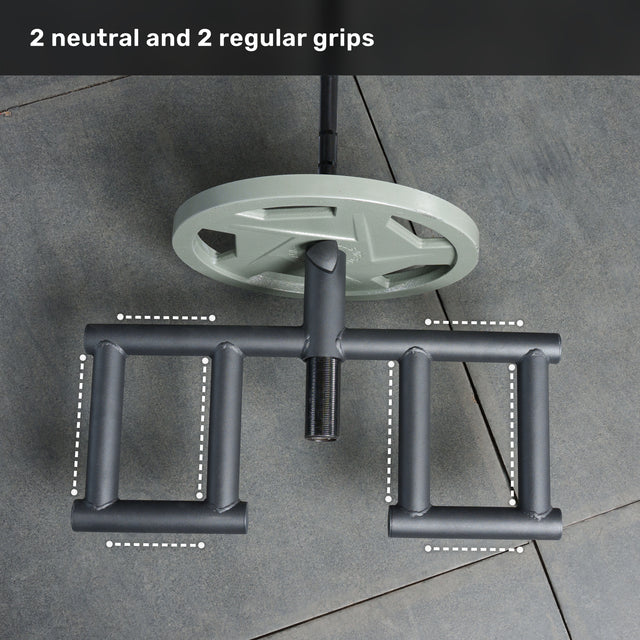 Overhead view of the Bells of Steel Viking Press Attachment for Olympic bars, showing two neutral and two regular grips—each outlined with dashed lines—attached to a weight plate. Text above reads: "2 neutral and 2 regular grips.