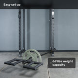 A Bells of Steel Viking Press Attachment with two large wheels is set up indoors near a power rack. Overlay text reads "Easy set up" and "661lbs weight capacity.