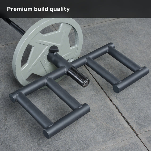 A close-up of the Bells of Steel Viking Press Attachment loaded on a trap bar, highlighting its quad handle grips and premium build quality. Compatible with landmine and Viking Press Attachments.