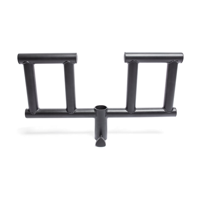 The Bells of Steel Viking Press Attachment is a black, rectangular metal grip with parallel handles and a central mount, designed to attach to an Olympic bar or landmine for versatile strength training.
