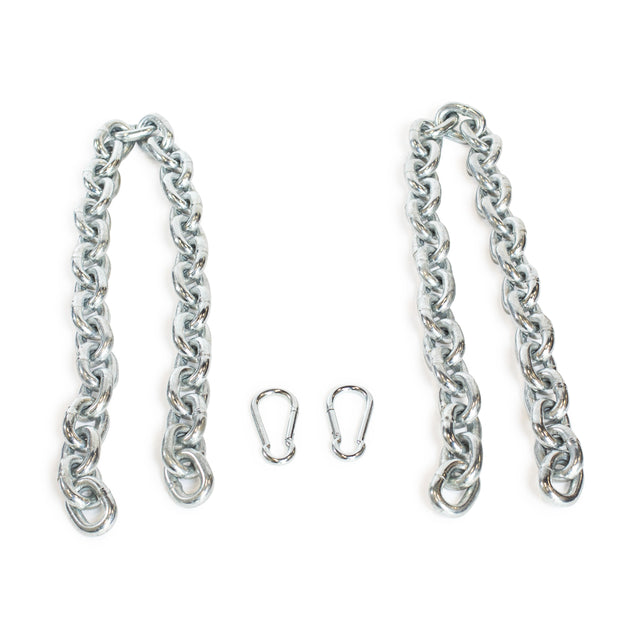 The Bells of Steel Chain Weight Vest includes two weighted chains and two metal carabiners, shown on a white background—ideal components for enhancing your strength training routine.