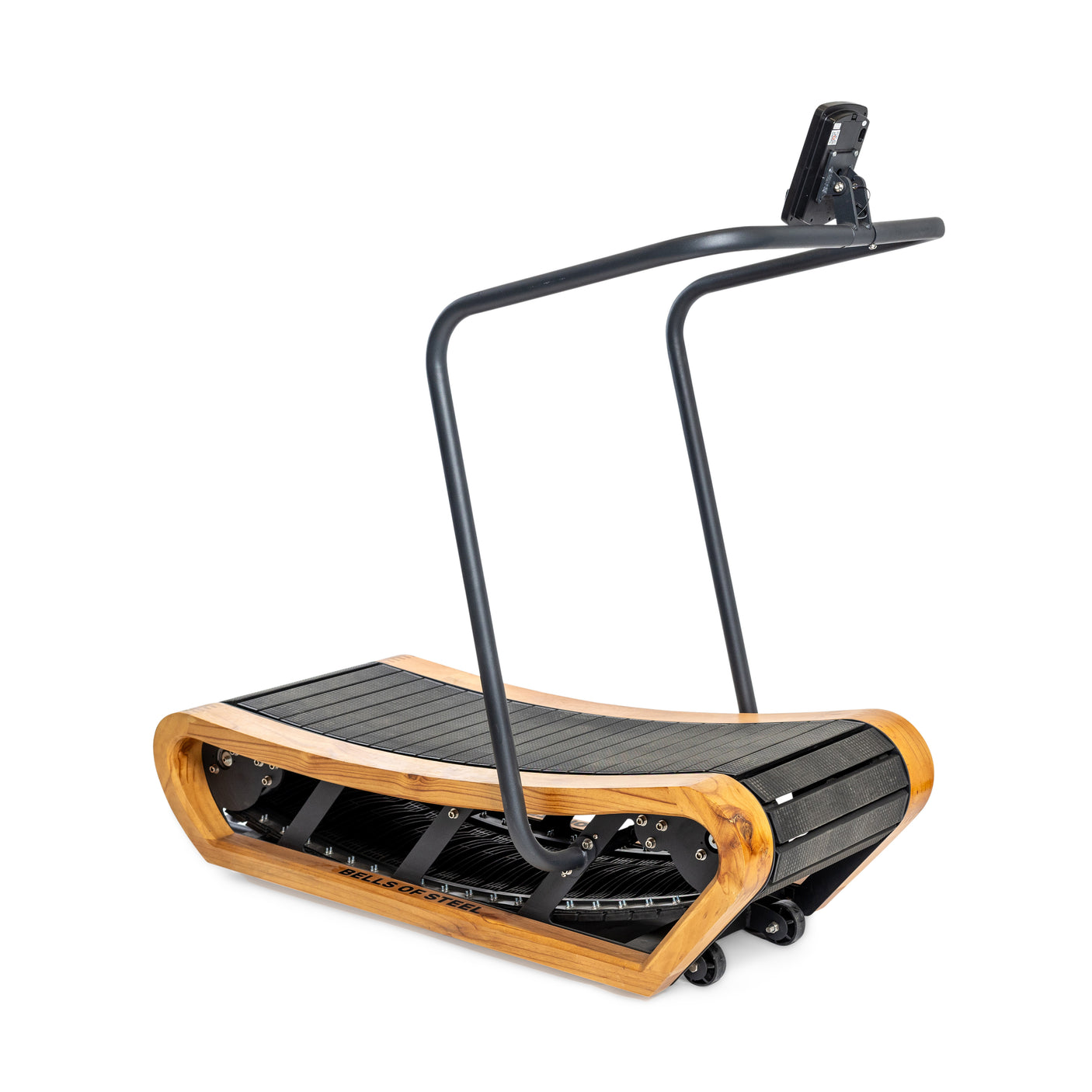 The Wooden Residential Manual Treadmill by Bells of Steel features a modern wood frame and black running surface. Its compact design includes an arched support bar and attached monitor, offering a stylish blend of functionality for minimalistic enthusiasts.