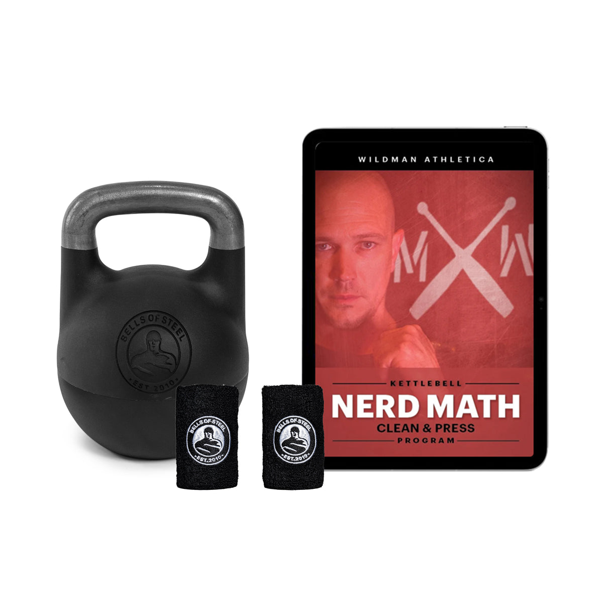 A black adjustable kettlebell with two wrist wraps sits next to a tablet displaying "Nerd Math: Kettlebell Clean & Press Program" by Bells of Steel USA, featuring crossed kettlebells on the cover—ideal for strength-building enthusiasts.