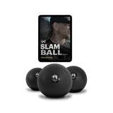 Three black weighted slam balls sit in front of a tablet showing the Bells of Steel USA "Wildman Slam Program Small Bundle" cover, featuring a partially visible person with a cap, promising an intense full-body workout.