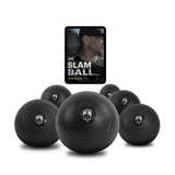 The Wildman Slam Program Large Bundle by Bells of Steel USA includes six black slam balls perfect for high-intensity workouts. A digital device behind them displays an image with "Slam Ball Program," ideal for boosting muscular endurance on a white background.