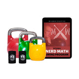 Three kettlebells in red, green, and yellow sit beside a tablet displaying the "Wildman Swing Program Kettlebell Bundle" cover with crossed kettlebells from Bells of Steel USA. Created by Mark Wildman, this fitness program also includes two black wristbands in front.