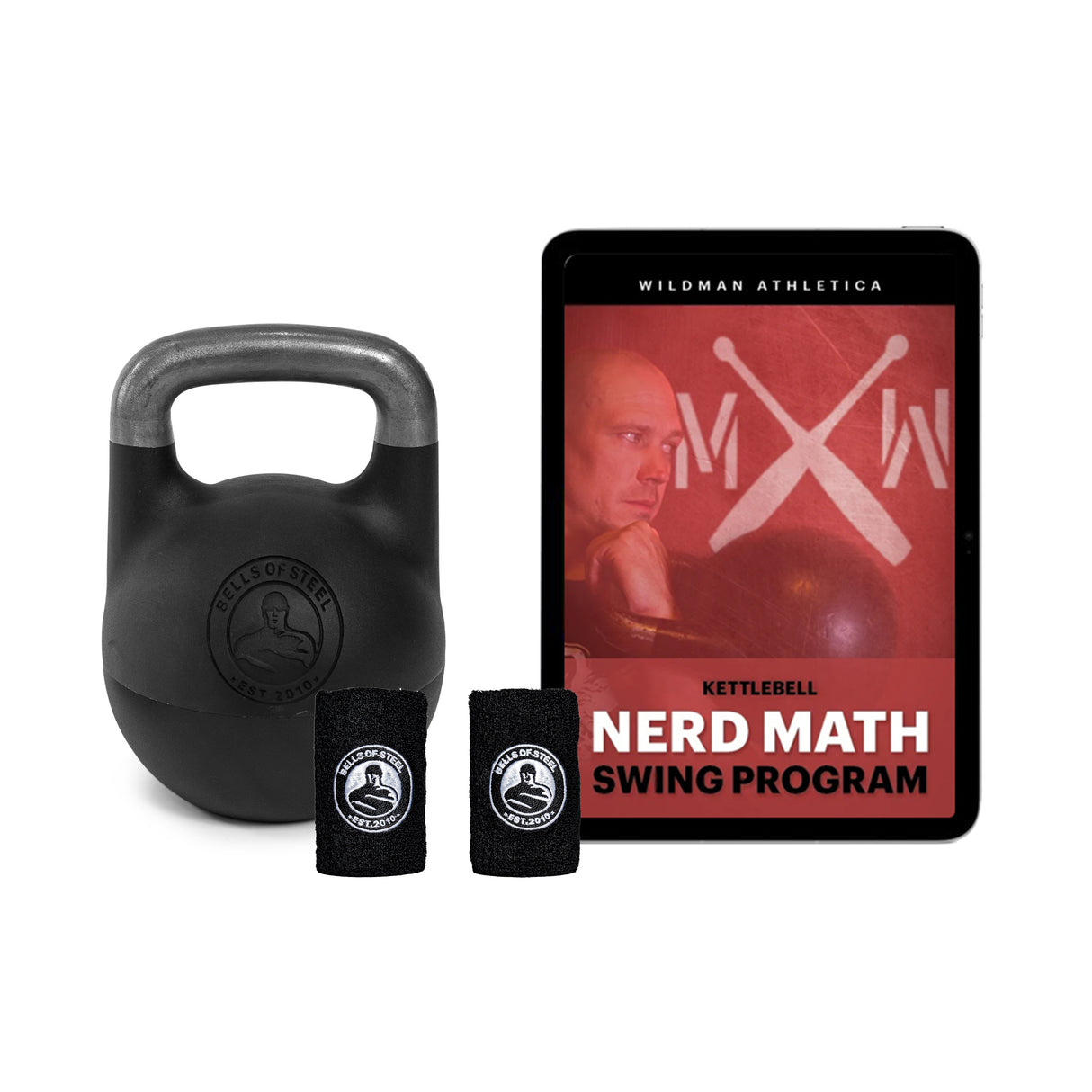 An ad showcases the Wildman Swing Adjustable Kettlebell Bundle by Bells of Steel USA, featuring a black kettlebell, two branded wristbands, and a tablet with the "Kettlebell Nerd Math Swing Program" cover against a white background. Ideal for enhancing strength and endurance.