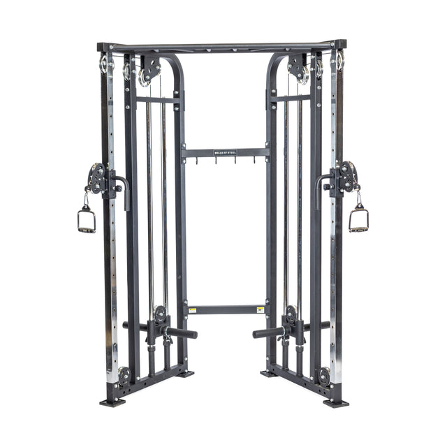 The Bells of Steel Functional Trainer is an all-in-one machine with dual adjustable pulleys and handles, ideal for strength exercises. Its sturdy chrome-accented frame features two weight stacks and various cable attachments for versatile workouts.