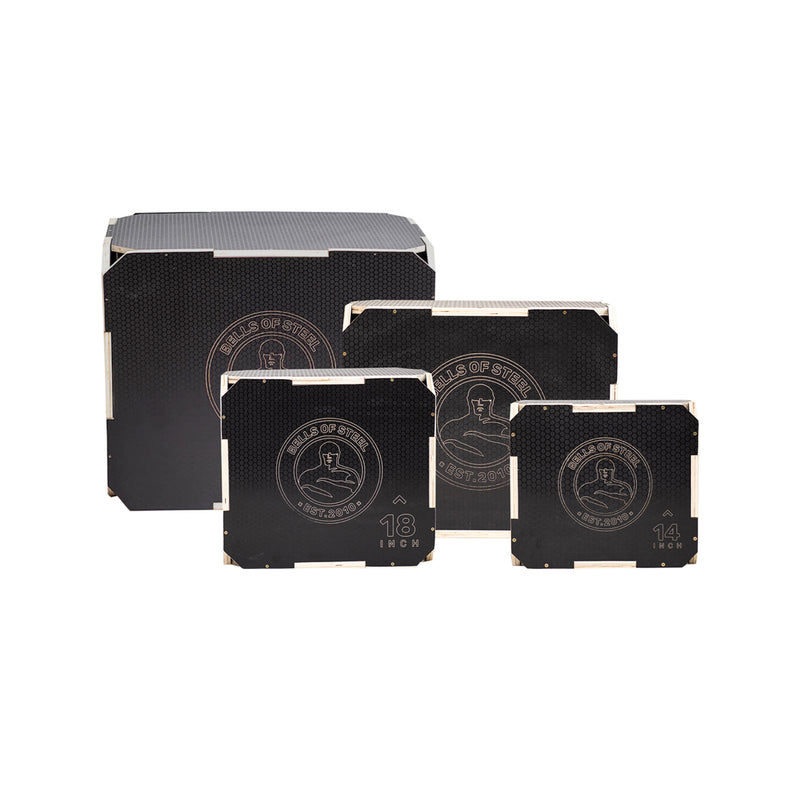 Three Bells of Steel 3 in 1 Anti-Slip Wood Plyo Boxes of varying sizes, each featuring the brand logo and text, are displayed in front of their packaging box, showcasing a sturdy design for home gym use.