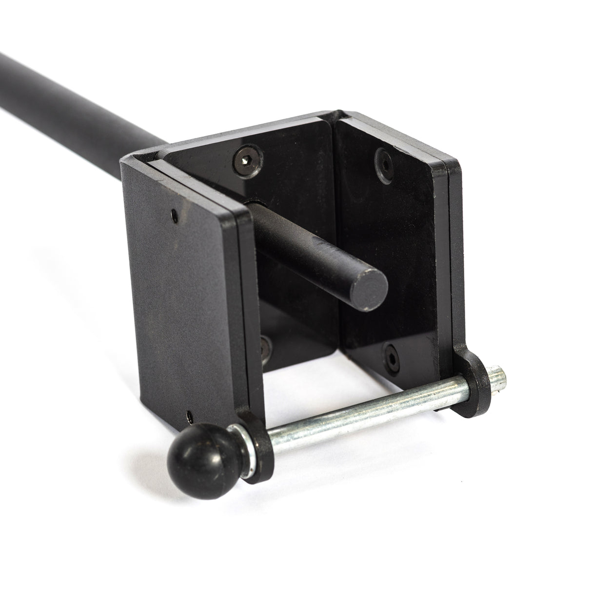 The Bells of Steel Wrist Roller and Rack Attachment features a black metal clamp with a cylindrical rod, T-shaped handle, and horizontal silver bolt. The open design showcases enhanced grip strength against a plain white background.